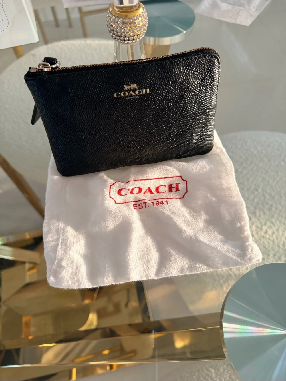 Coach Black Leather Wristlet with Gold Logo